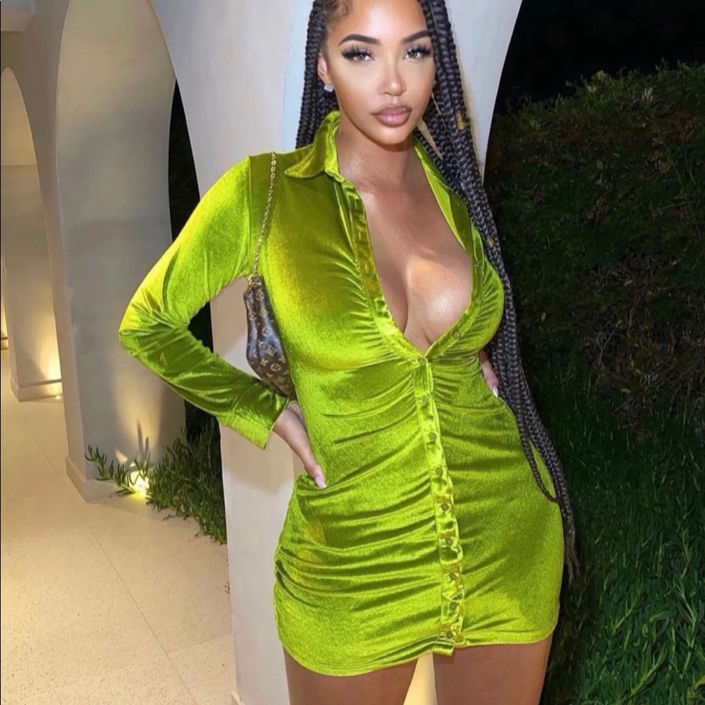 Olive green button down velvet mini dress